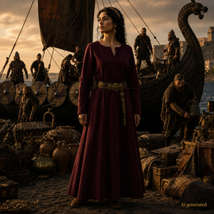 Thora Handmade Linen Medieval Dress, Burgundy