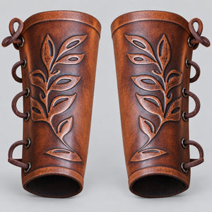 Elven Leaf Leather Bracers - Druid & Ranger Arm Guards, Brown