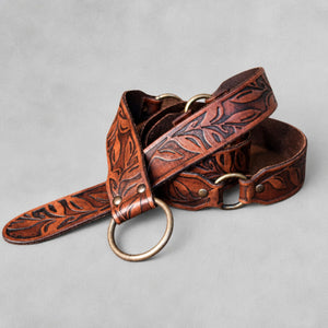 Handcrafted Embossed O-Ring Floral Leather Belt, Brown