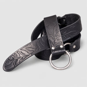 Handcrafted Embossed O-Ring Floral Leather Belt, Black
