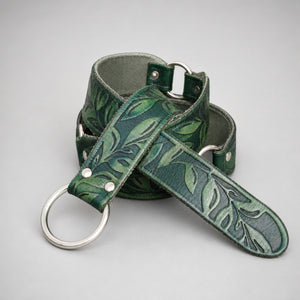 Handcrafted Embossed O-Ring Floral Leather Belt, Green