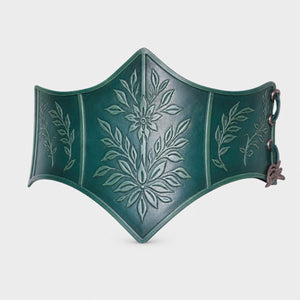 Handcrafted Under bust Leather Floral Corset, Green