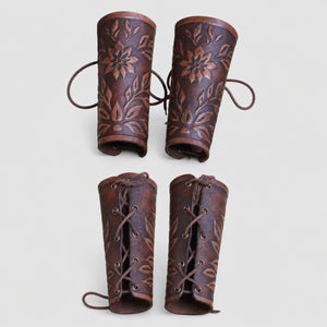 Handcrafted Wildflower Leather Bracers, Brown