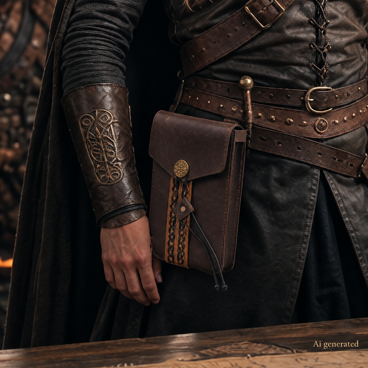 Viking Drawstring Belt Bag, Rectangle, Brown