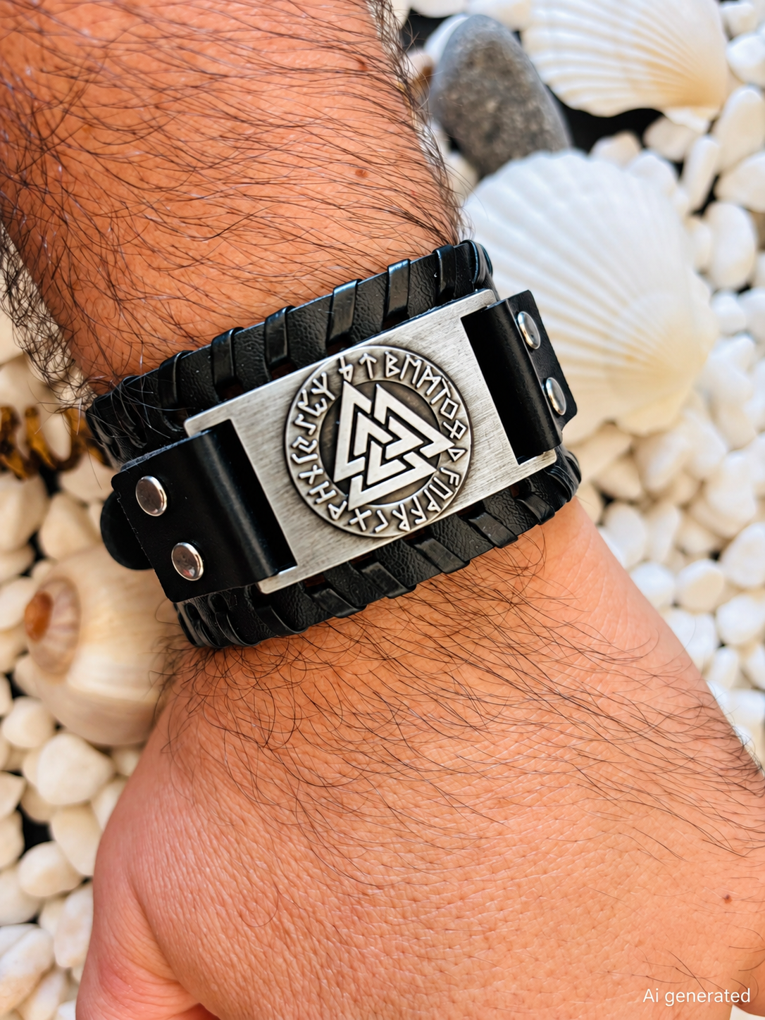 Valknut  Bracelet Leather Black with Runes, Silver