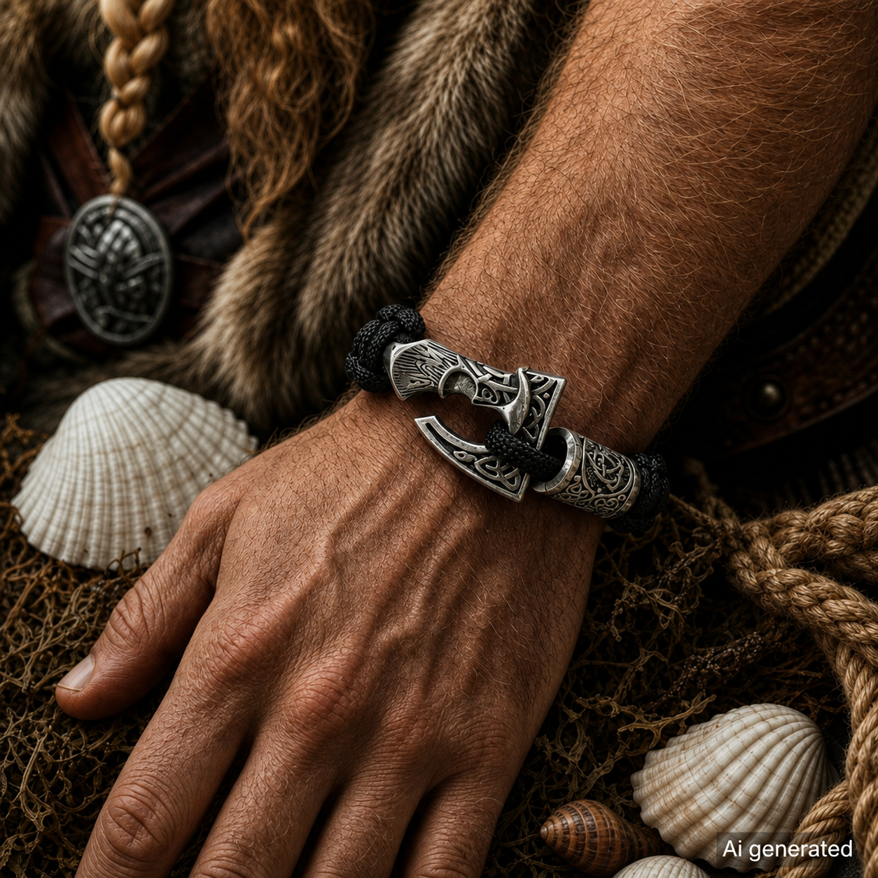 Slavic Perun Axe Norse Runes Bracelet Black