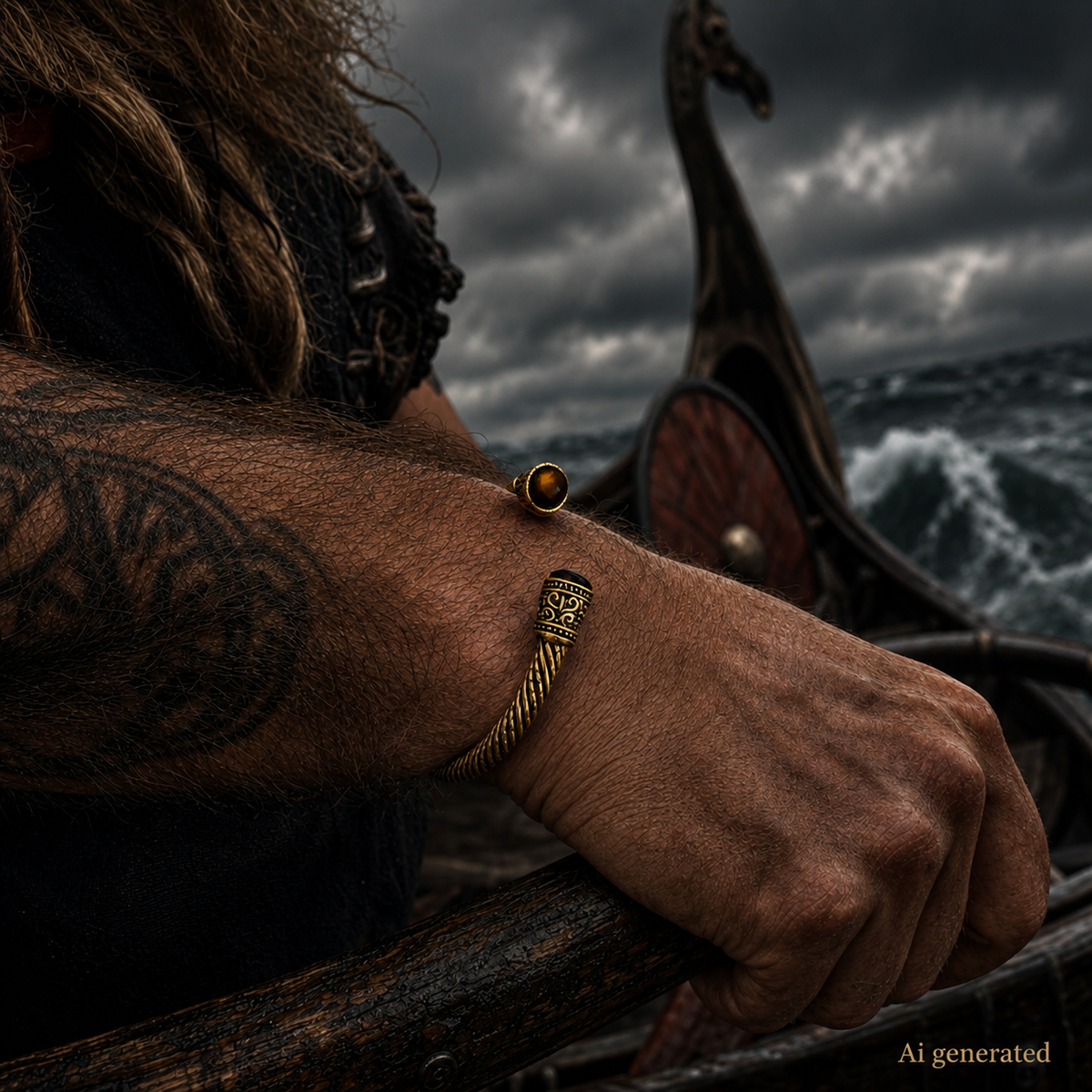 Viking Bracelet, Twisted, Tiger's Eye, Gold
