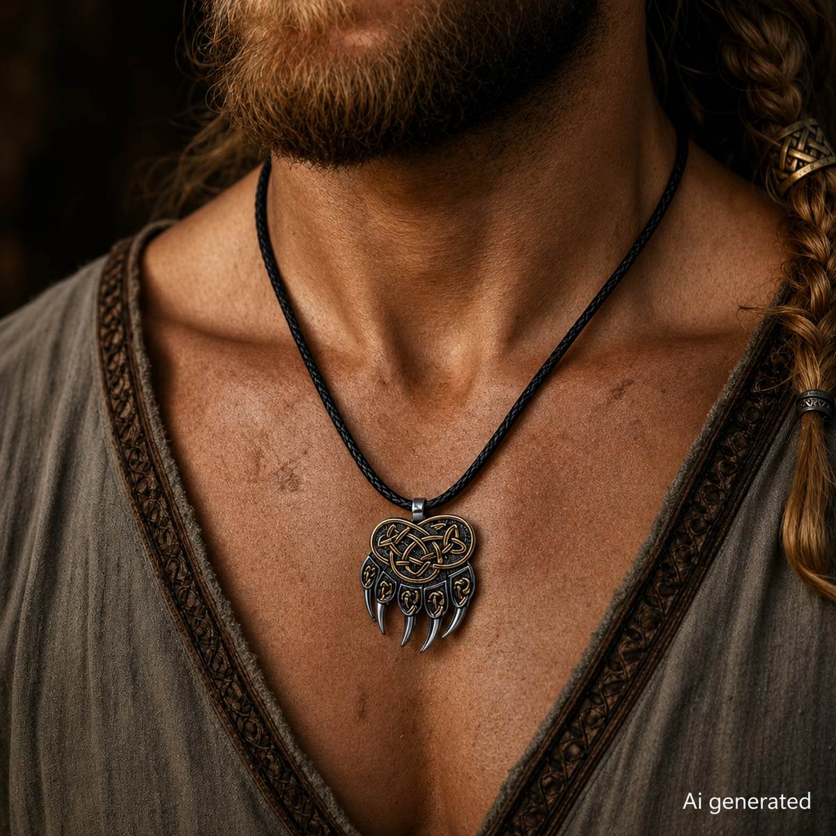 Bear Claw Necklace with rope, Gold