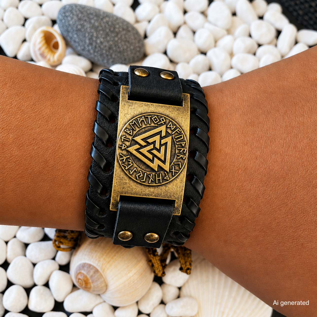 Valknut  Bracelet Leather Black with Runes, Gold