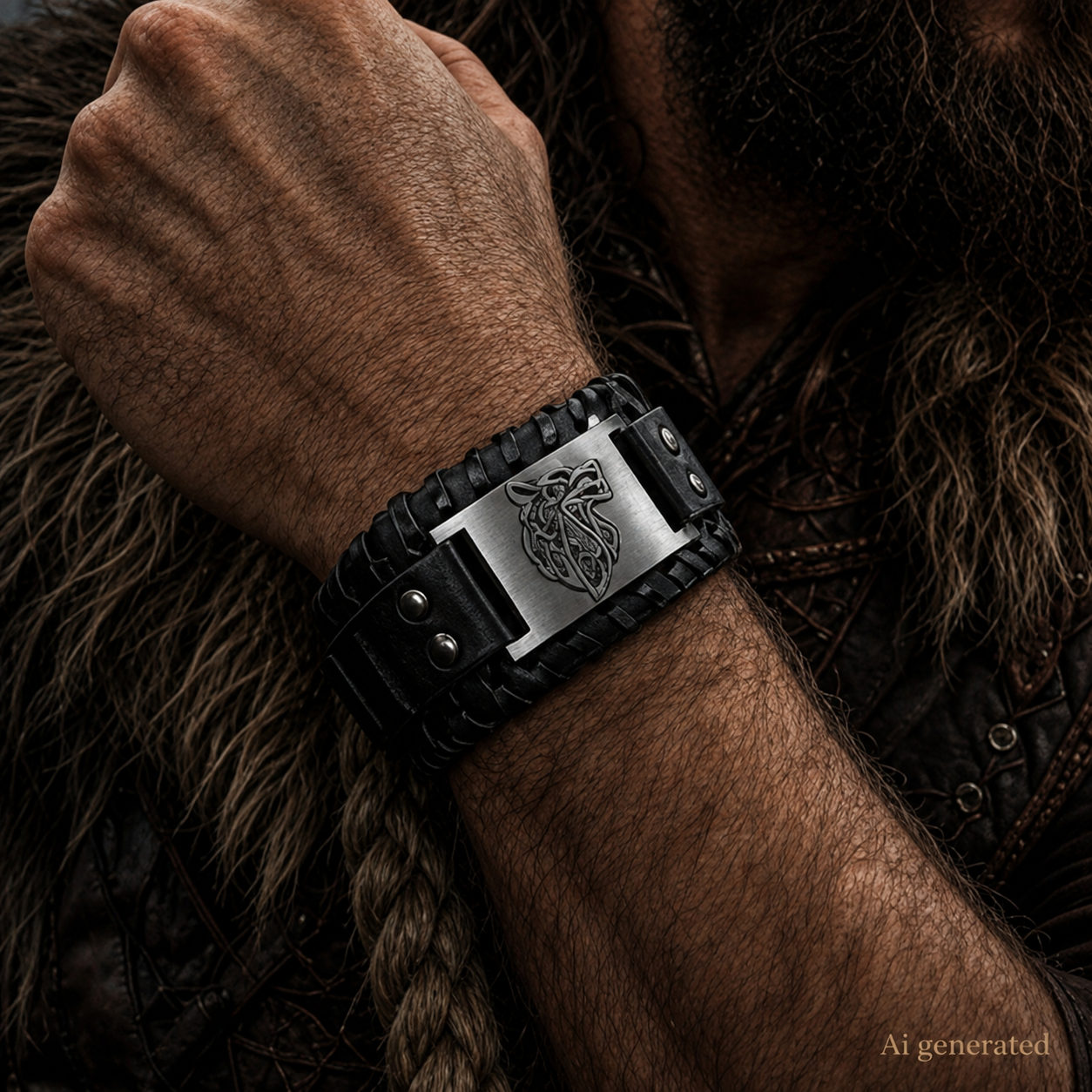 Wolf Head Bracelet Leather Black with Runes, Silver