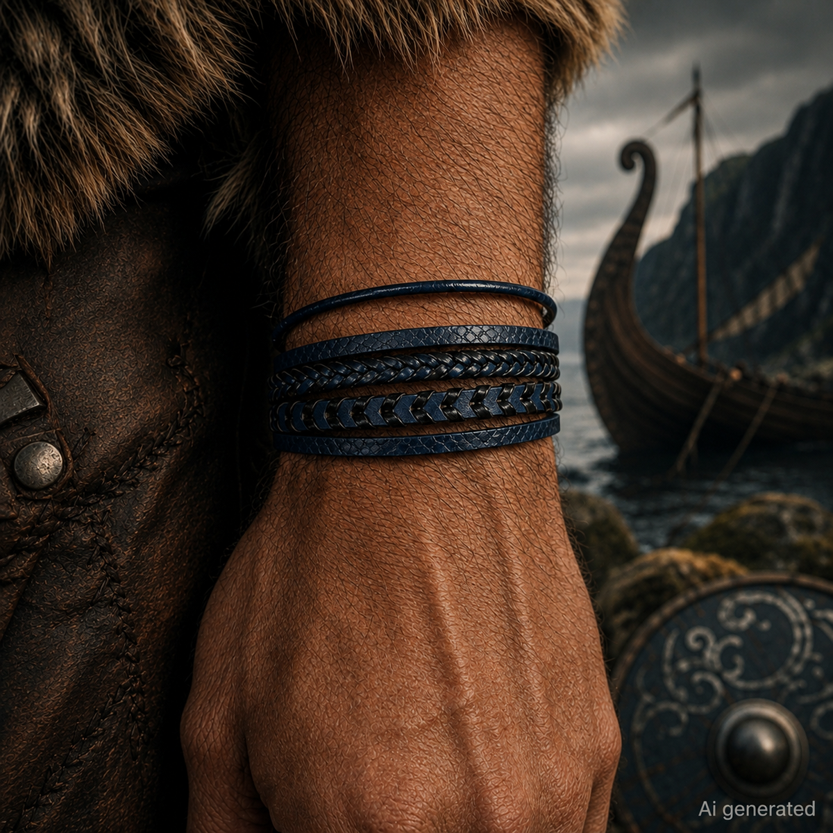 Multi Layered Leather Rope Bracelet, Blue
