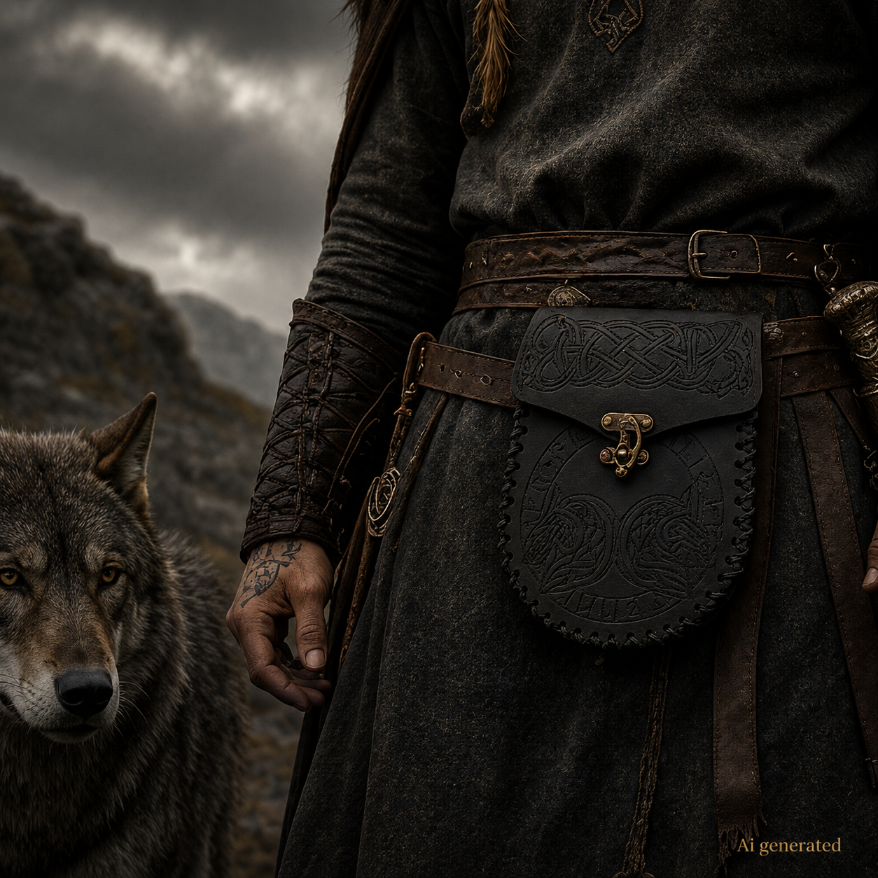 Viking Belt Bag, Wolf Tribal, Black
