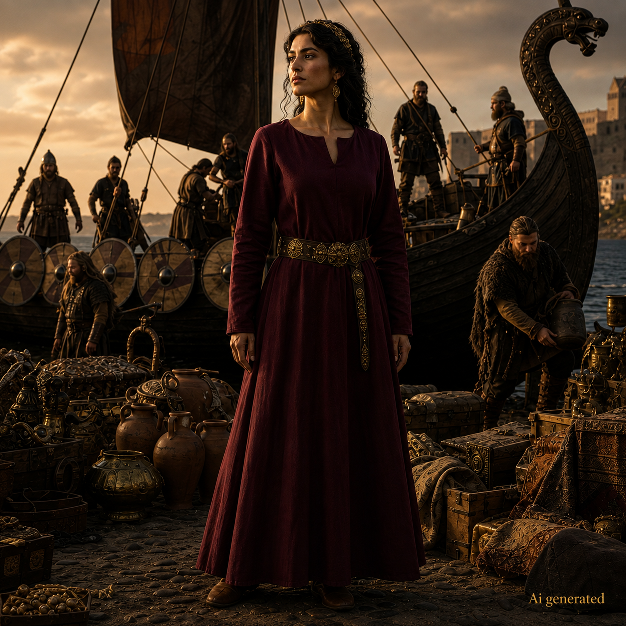 Thora Handmade Linen Medieval Dress, Burgundy
