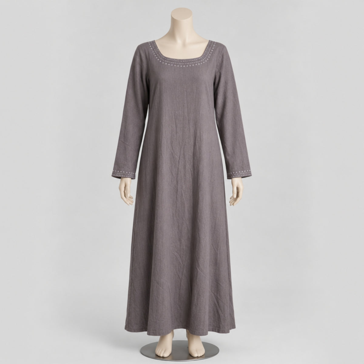 Astrid Handcrafted Linen Embroidered Dress, Grey