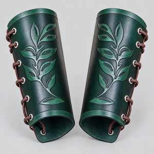 Elven Leaf Leather Bracers - Druid & Ranger Arm Guards, Forest Green