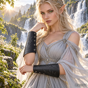 Elven Leaf Leather Bracers - Druid & Ranger Arm Guards, Black