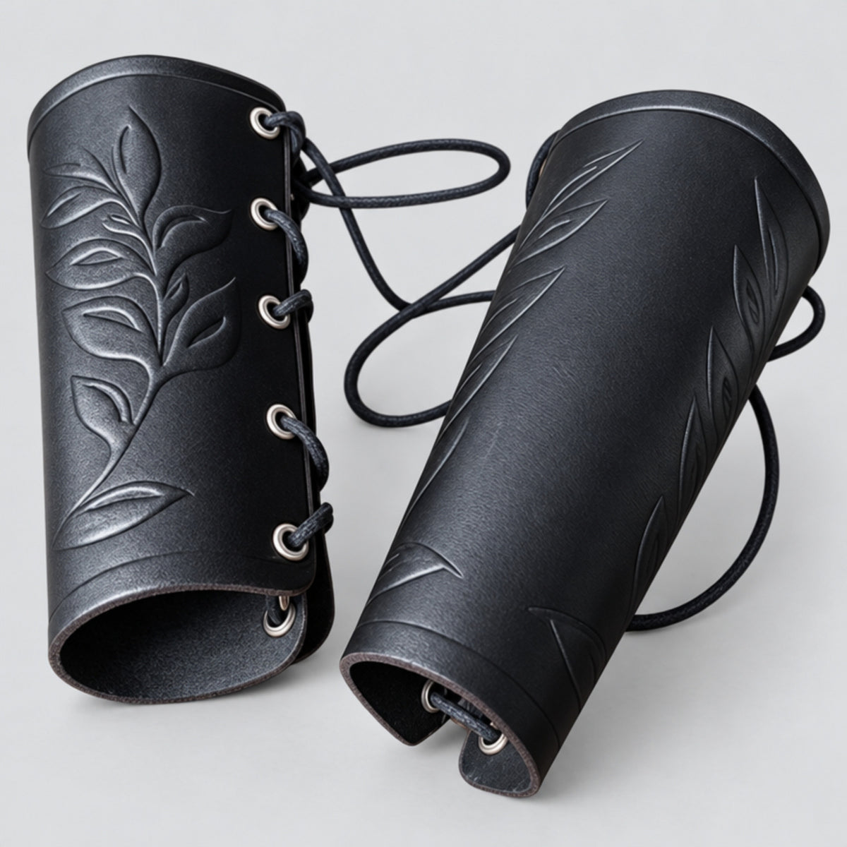 Elven Leaf Leather Bracers - Druid & Ranger Arm Guards, Black