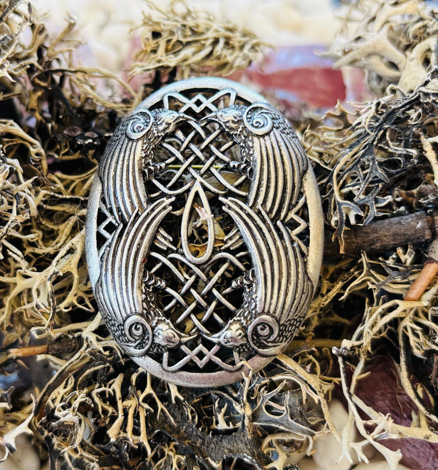 Medieval Odin Raven Viking Brooch, Silver