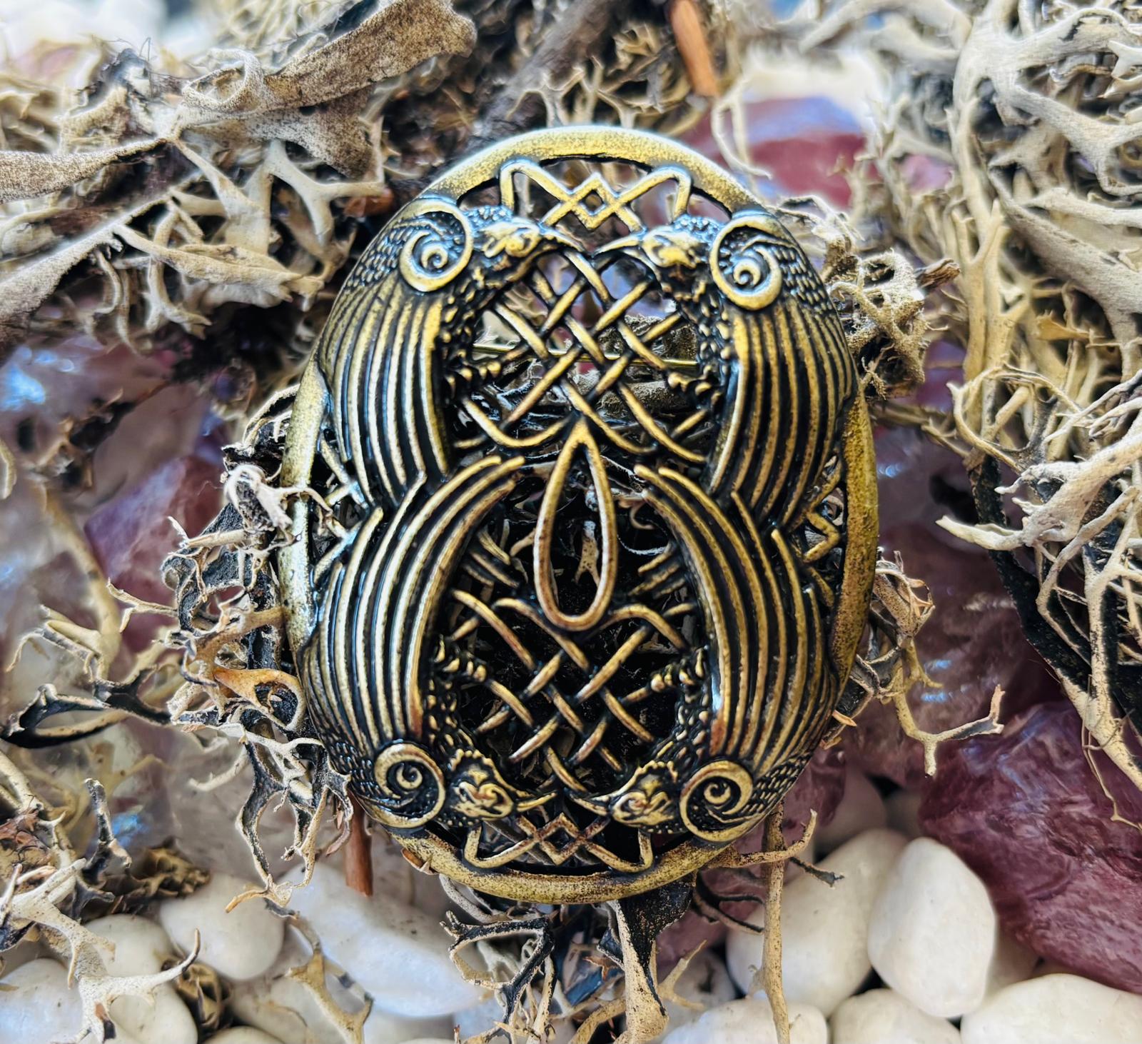 Medieval Odin Raven Viking Brooch, Gold