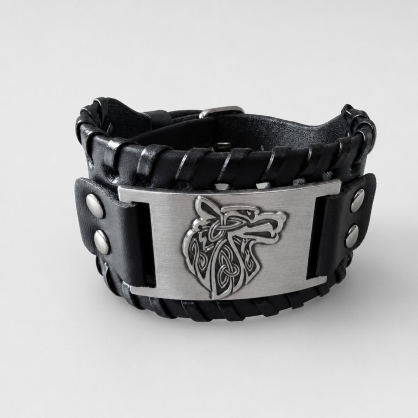 Wolf Head Bracelet Leather Black with Runes, Silver