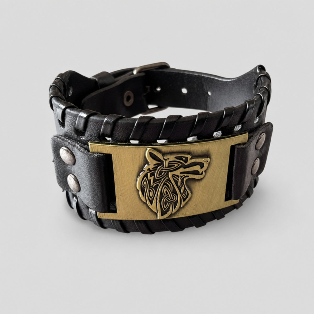 Wolf Head Bracelet Leather Black with Runes, Gold