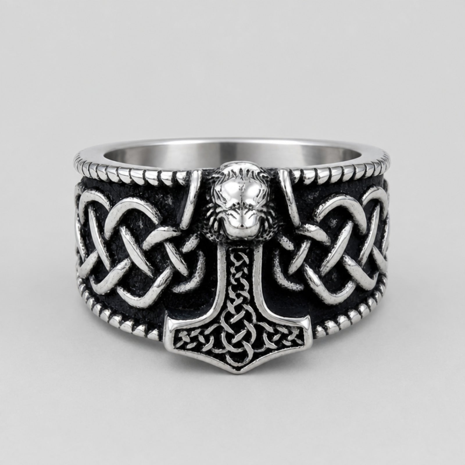Thor Hammer Ring, Silver/Black