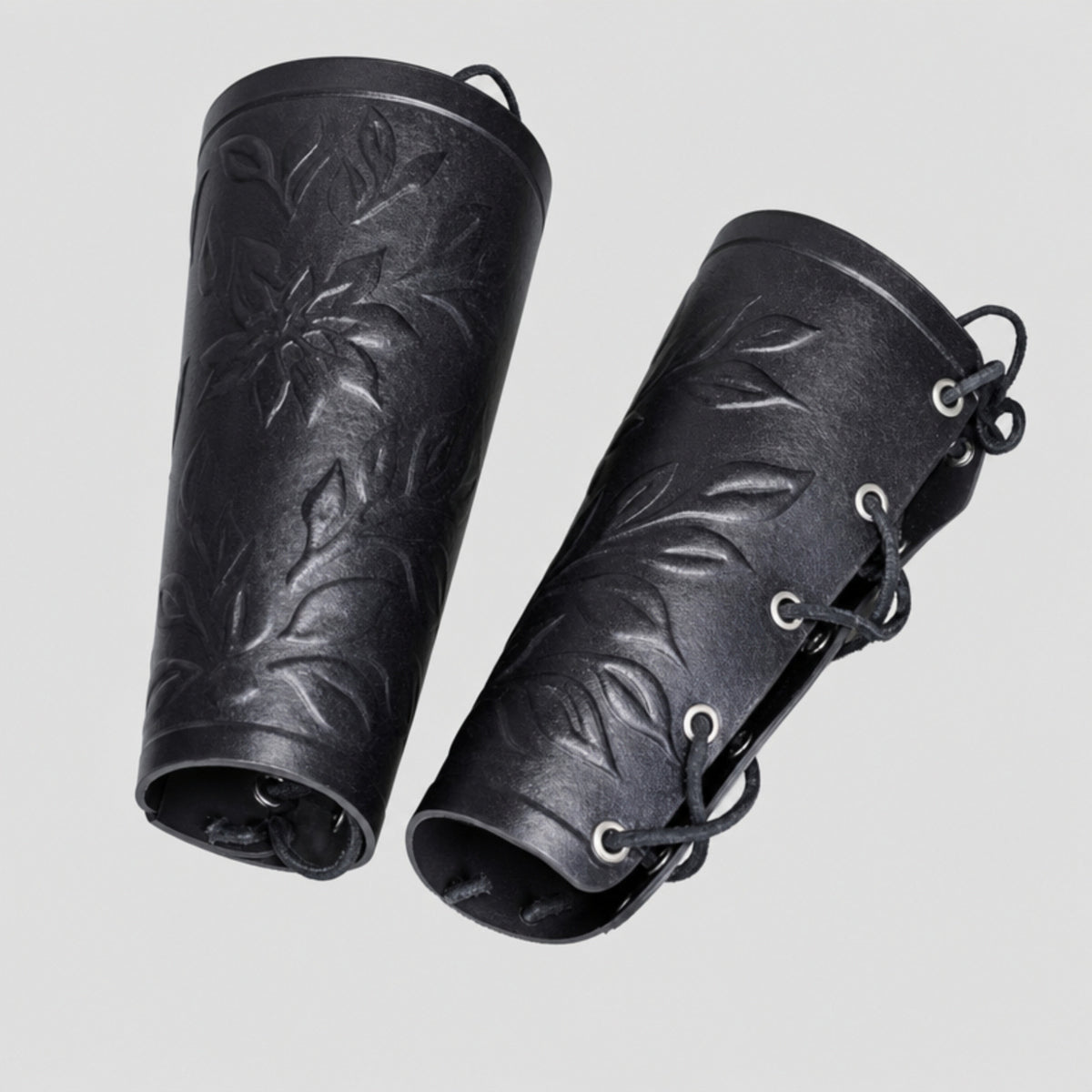 Handcrafted Floral Leather Bracers, Black