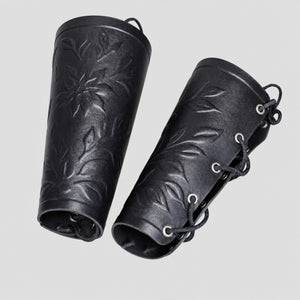 Handcrafted Floral Leather Bracers, Black