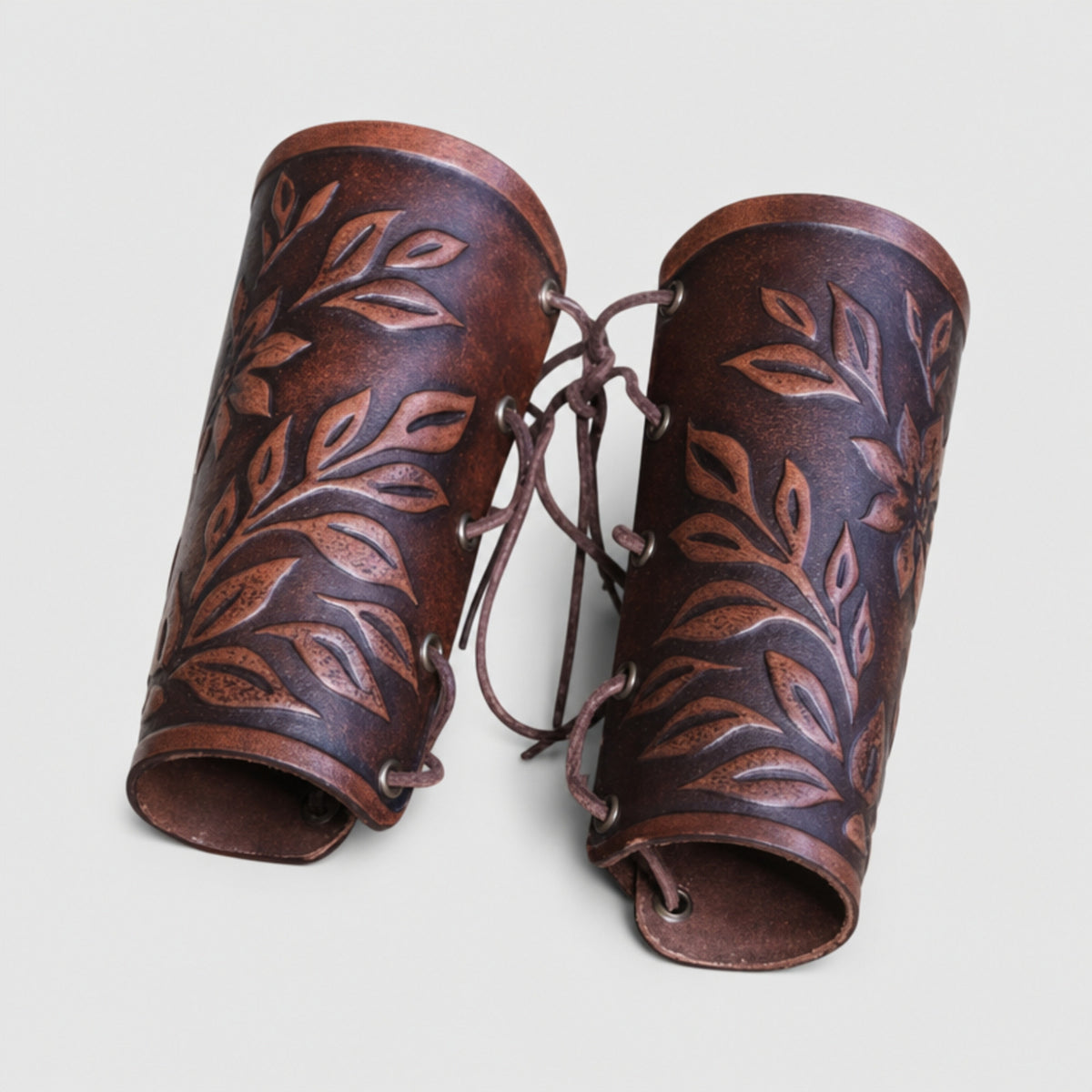 Handcrafted Floral Leather Bracers, Brown