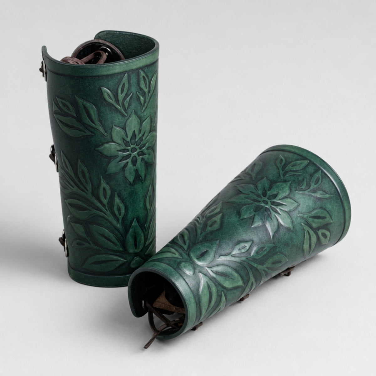 Handcrafted Floral Leather Bracers, Green