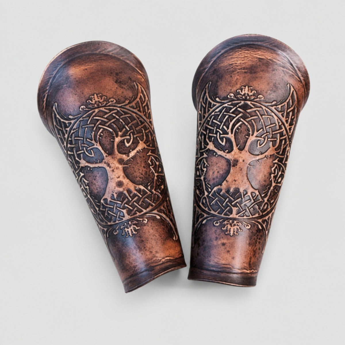 Handcrafted Leather Yggdrasil Viking Vambracers, Brown
