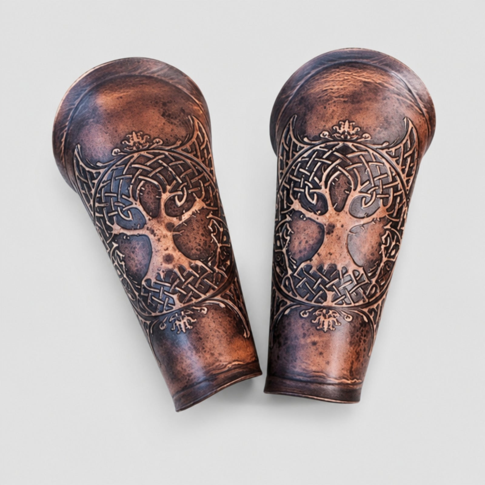 Handcrafted Leather Yggdrasil Viking Vambracers, Brown