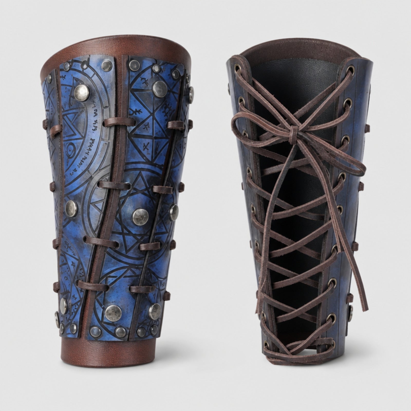 Wolfgang Demon Handcrafted Leather Hunter Bracers, Blue / Brown