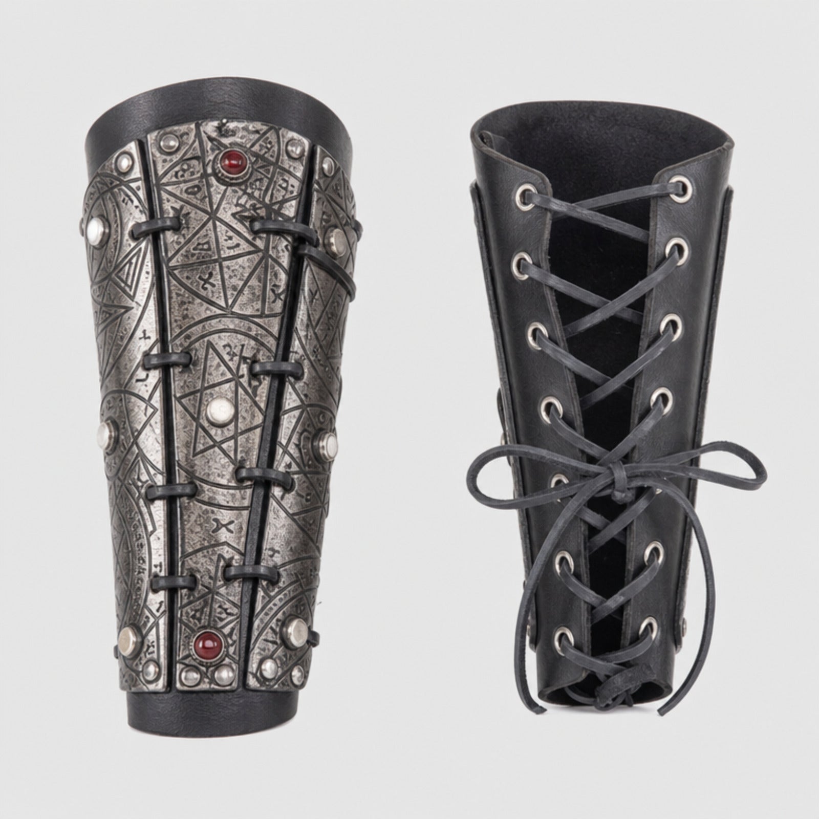 Wolfgang Demon Handcrafted Leather Hunter Bracers, Silver/Black