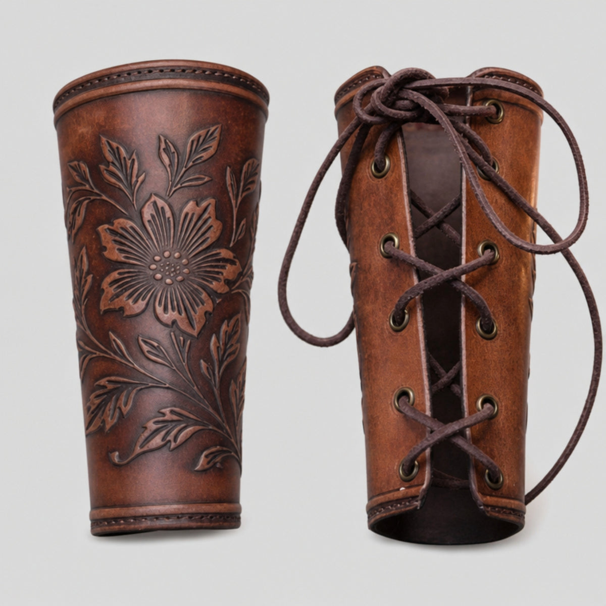 Handcrafted Wildflower Leather Bracers, Brown