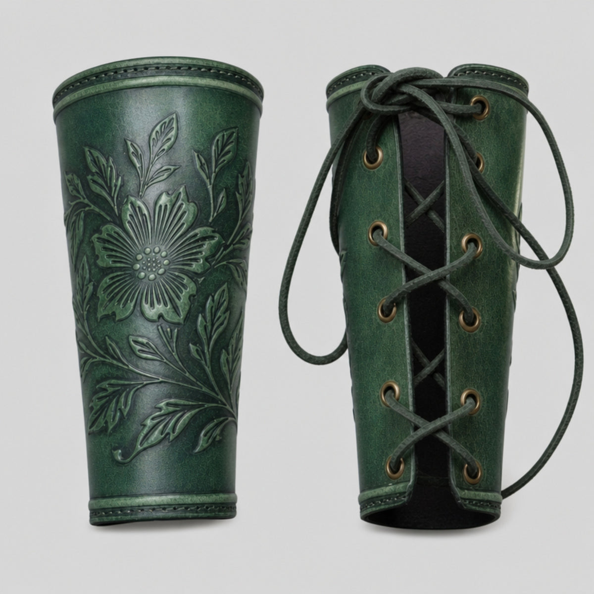 Handcrafted Wildflower Leather Bracers, Green