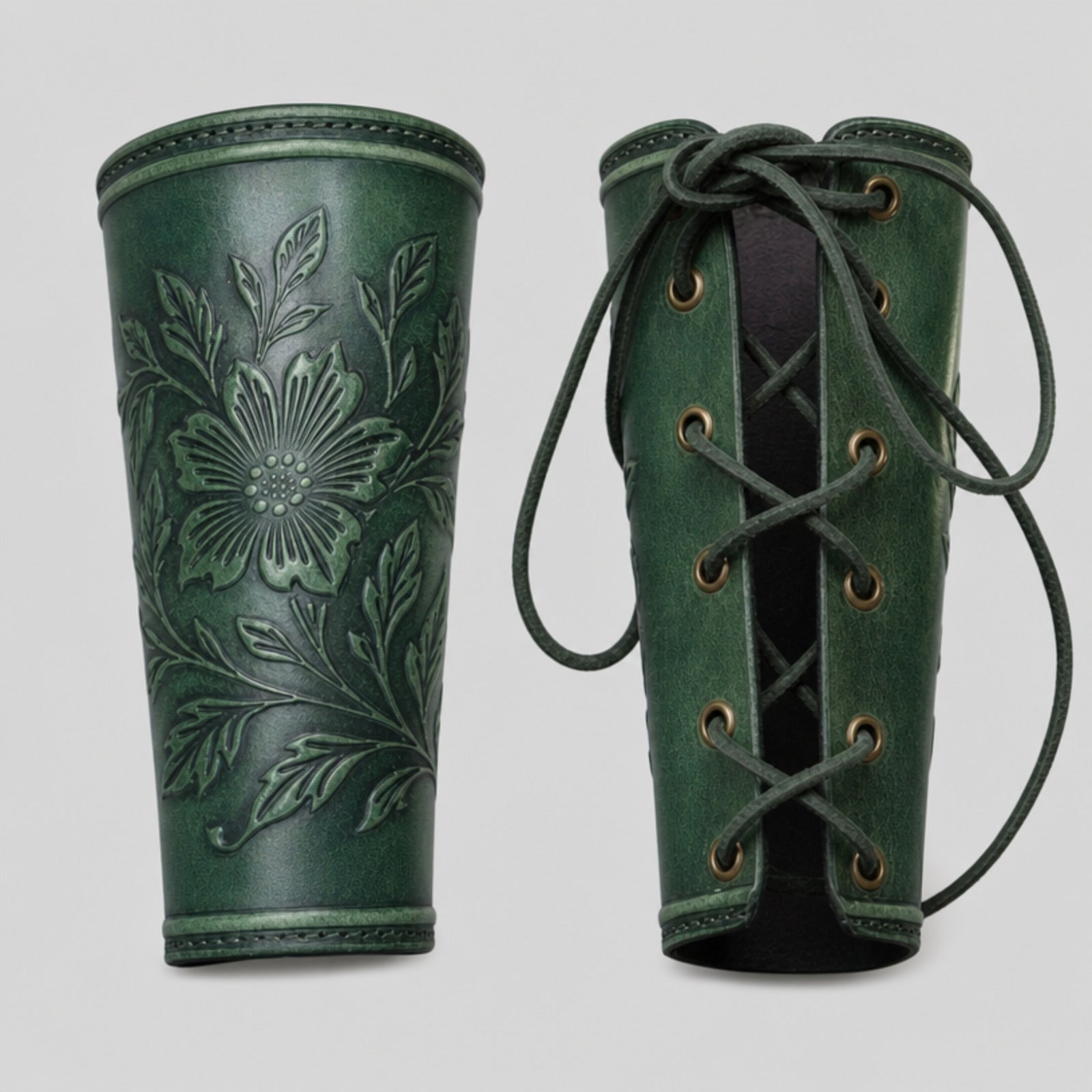 Handcrafted Wildflower Leather Bracers, Green
