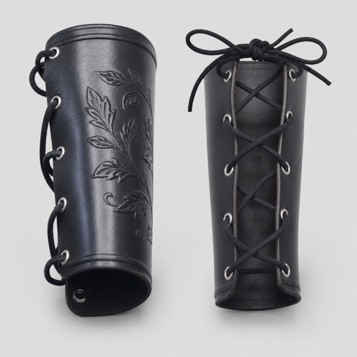 Handcrafted Wildflower Leather Bracers, Black
