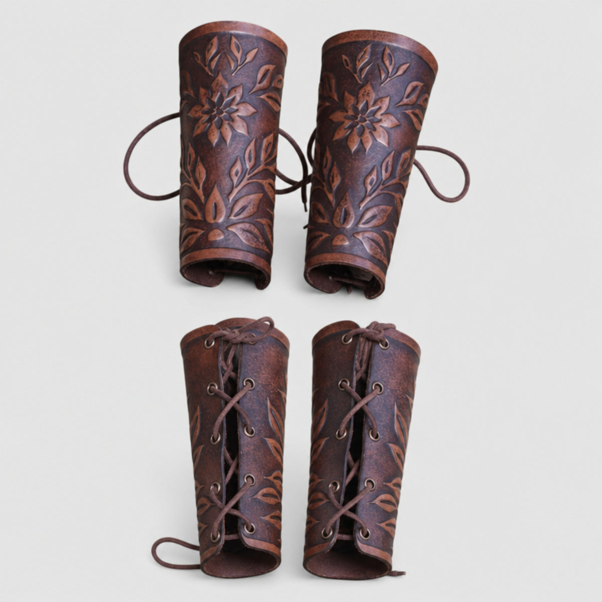 Handcrafted Wildflower Leather Bracers, Brown