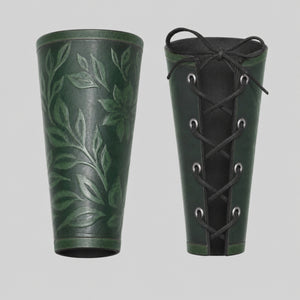 Handcrafted Floral Leather Bracers, Green