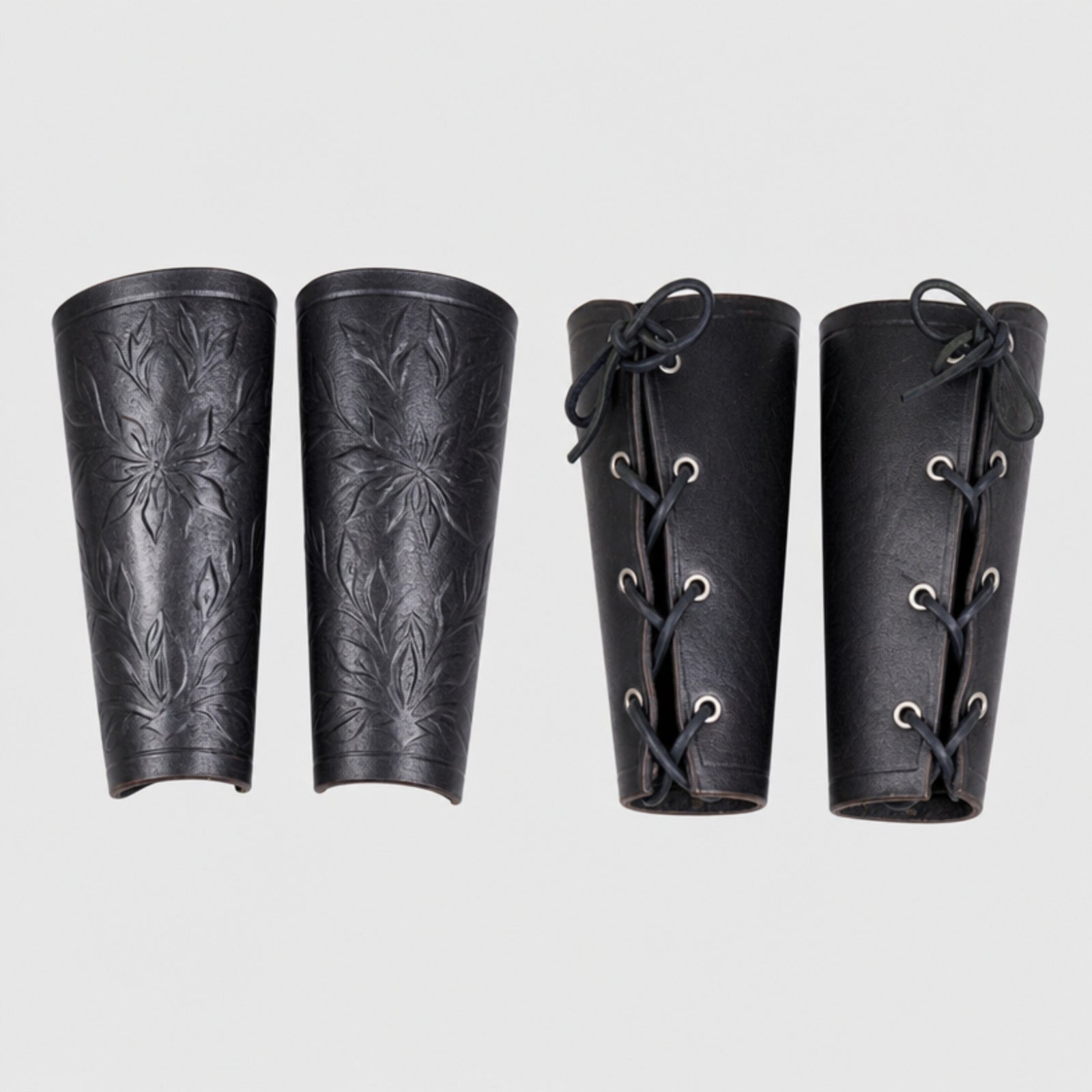 Handcrafted Floral Leather Bracers, Black