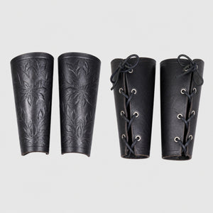 Handcrafted Floral Leather Bracers, Black