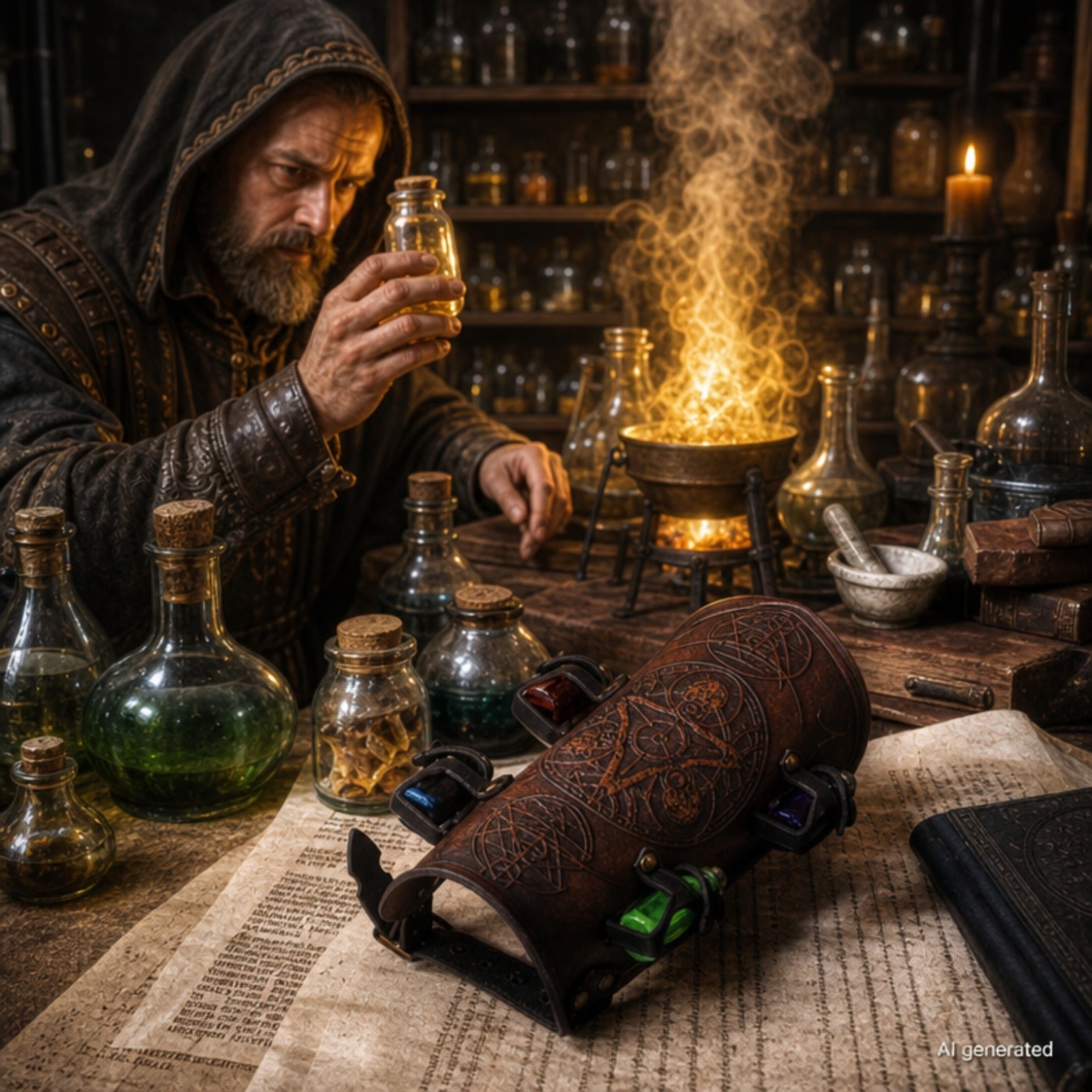 Handcrafted Leather Alchemist bracer with Magic Triangle, Brown