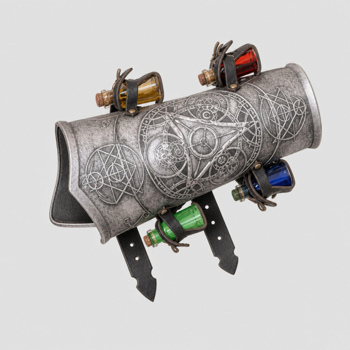 Handcrafted Leather Alchemist bracer with Magic Triangle, Silver