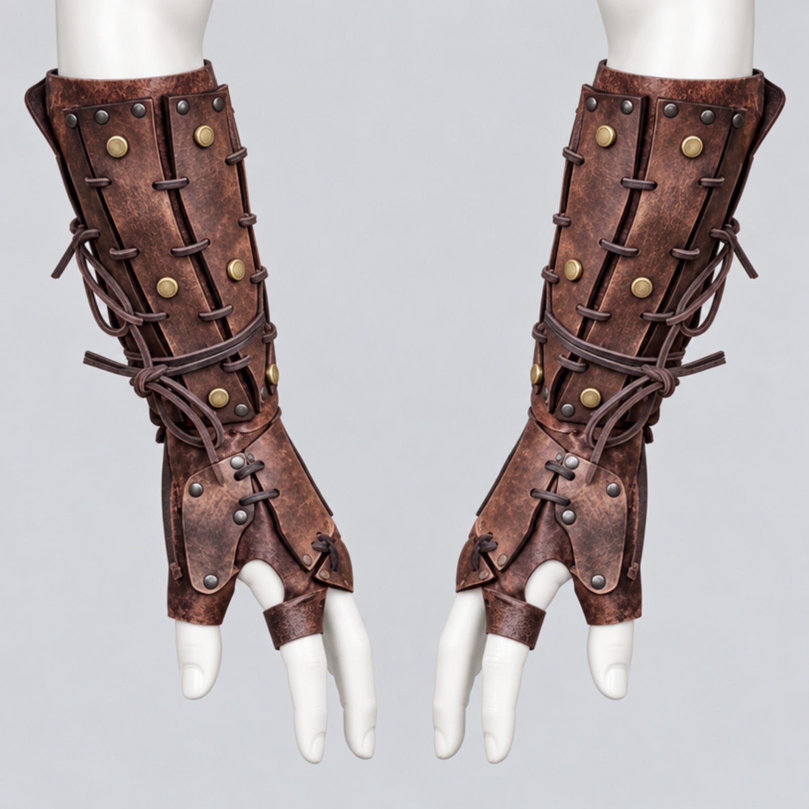 Samurai Leather Bracers Riveted, Aged Brown