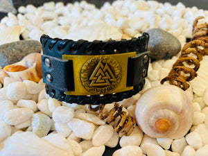 Valknut  Bracelet Leather Black with Runes, Gold