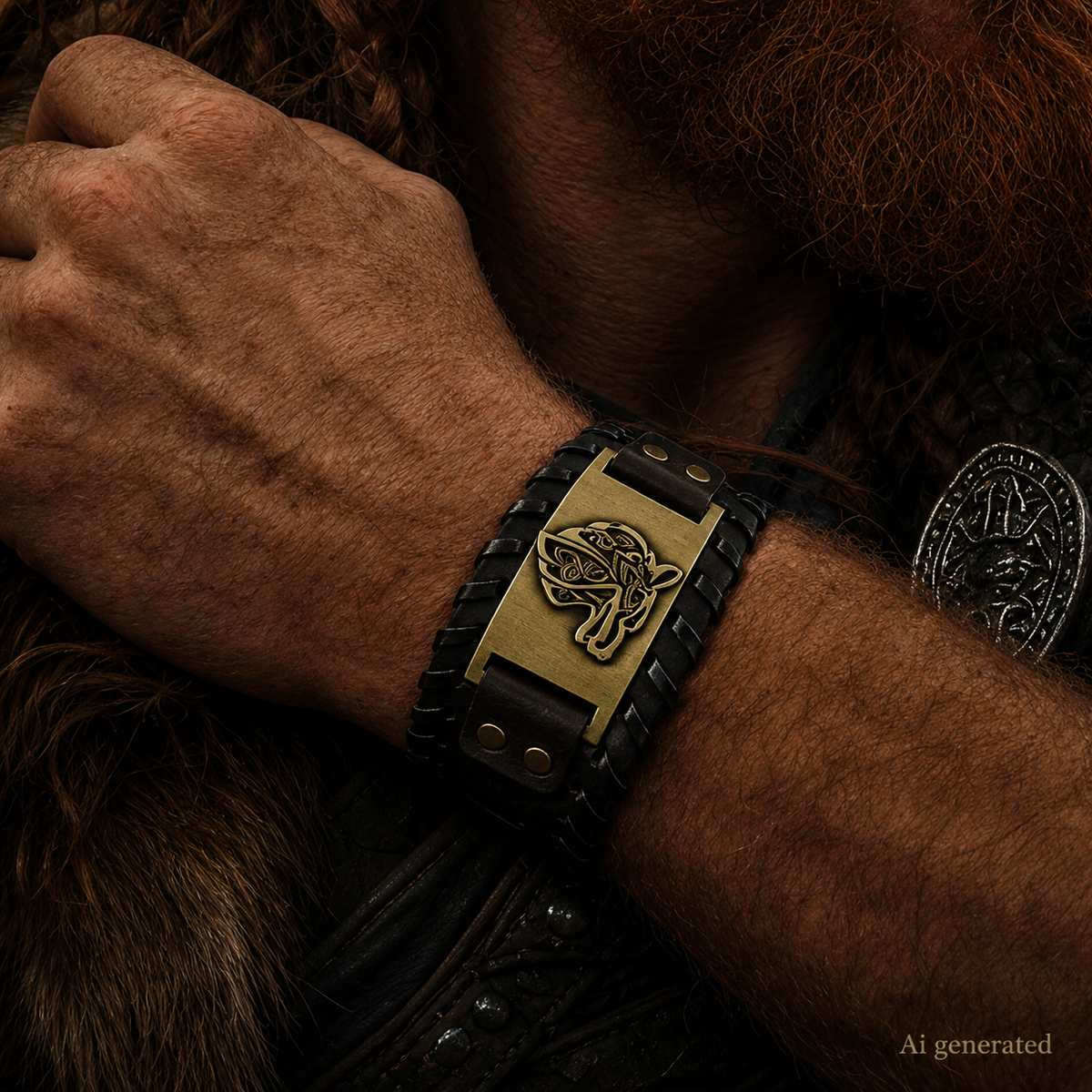 Wolf Head Bracelet Leather Black with Runes, Gold