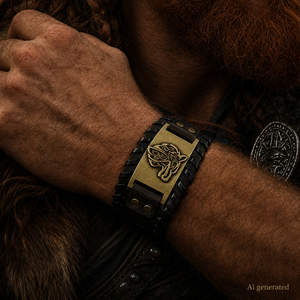 Wolf Head Bracelet Leather Black with Runes, Gold