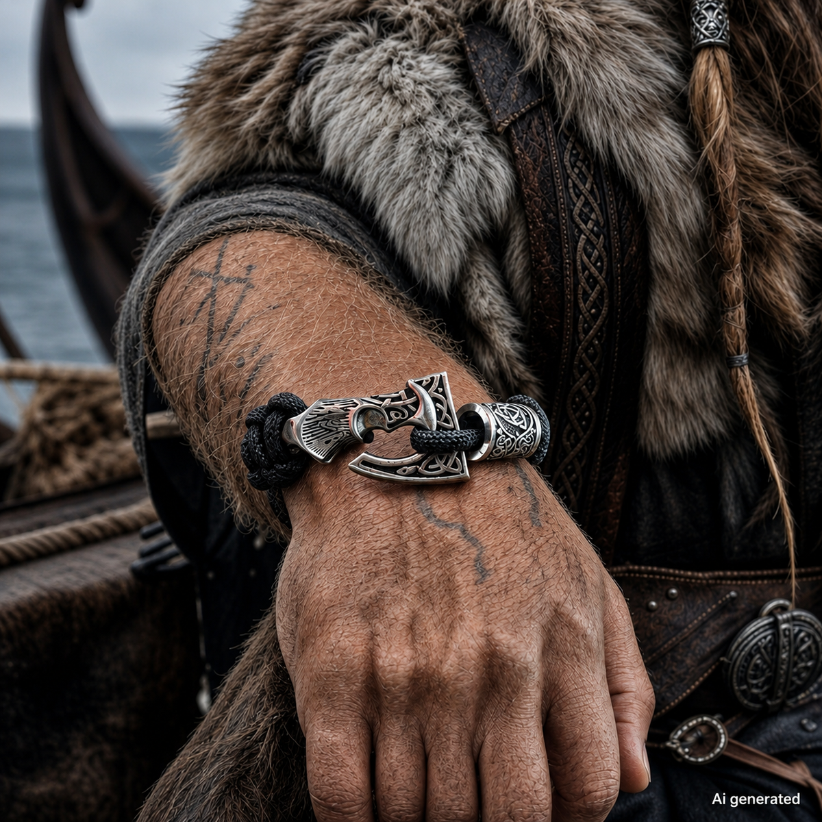 Slavic Perun Axe Norse Runes Bracelet Black
