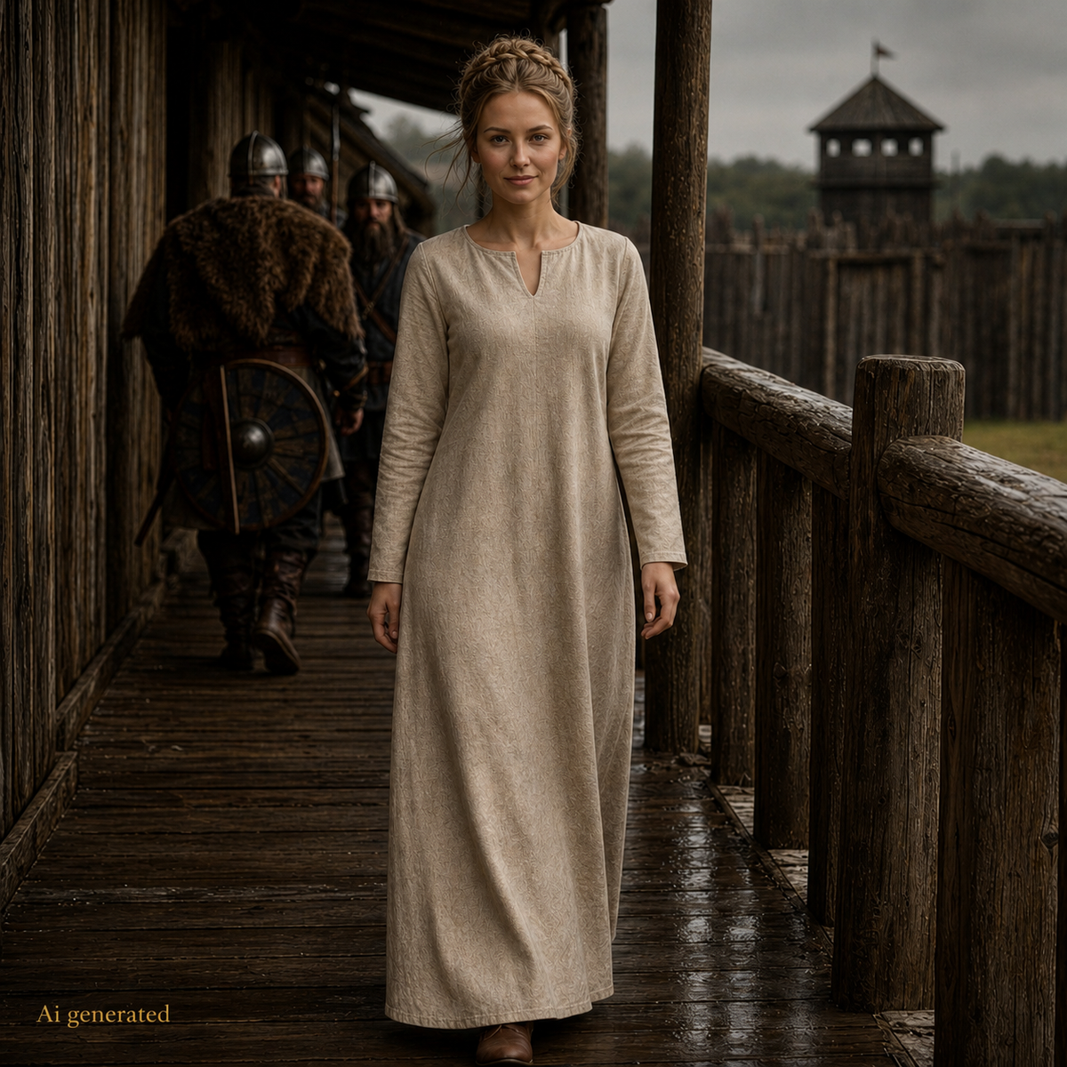 Thora Handmade Linen Medieval Dress, Natural